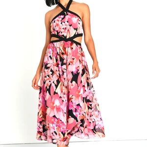 Pink Floral Cutout Halter Midi Dress